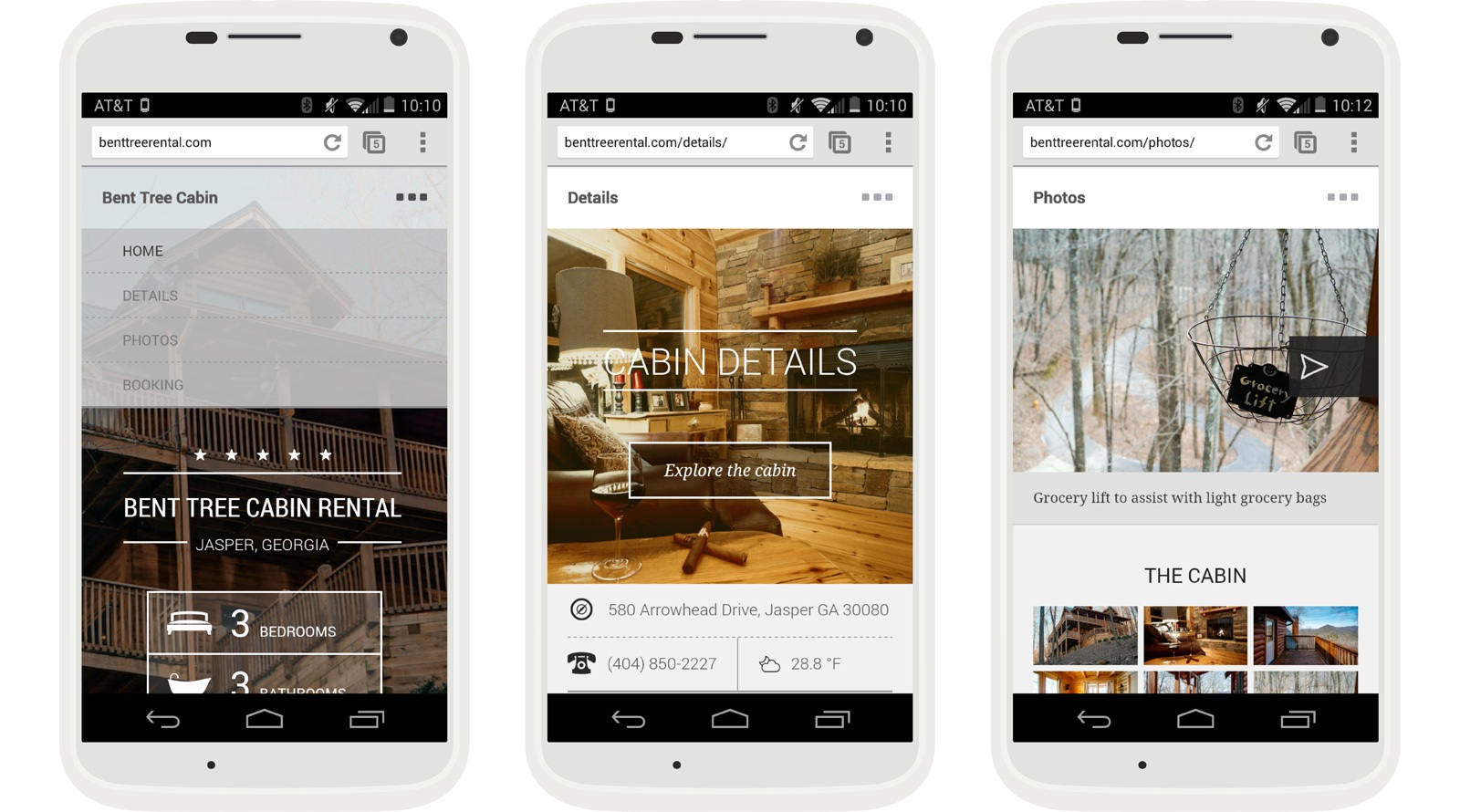 The Bent Tree Cabin Rental mobile website.