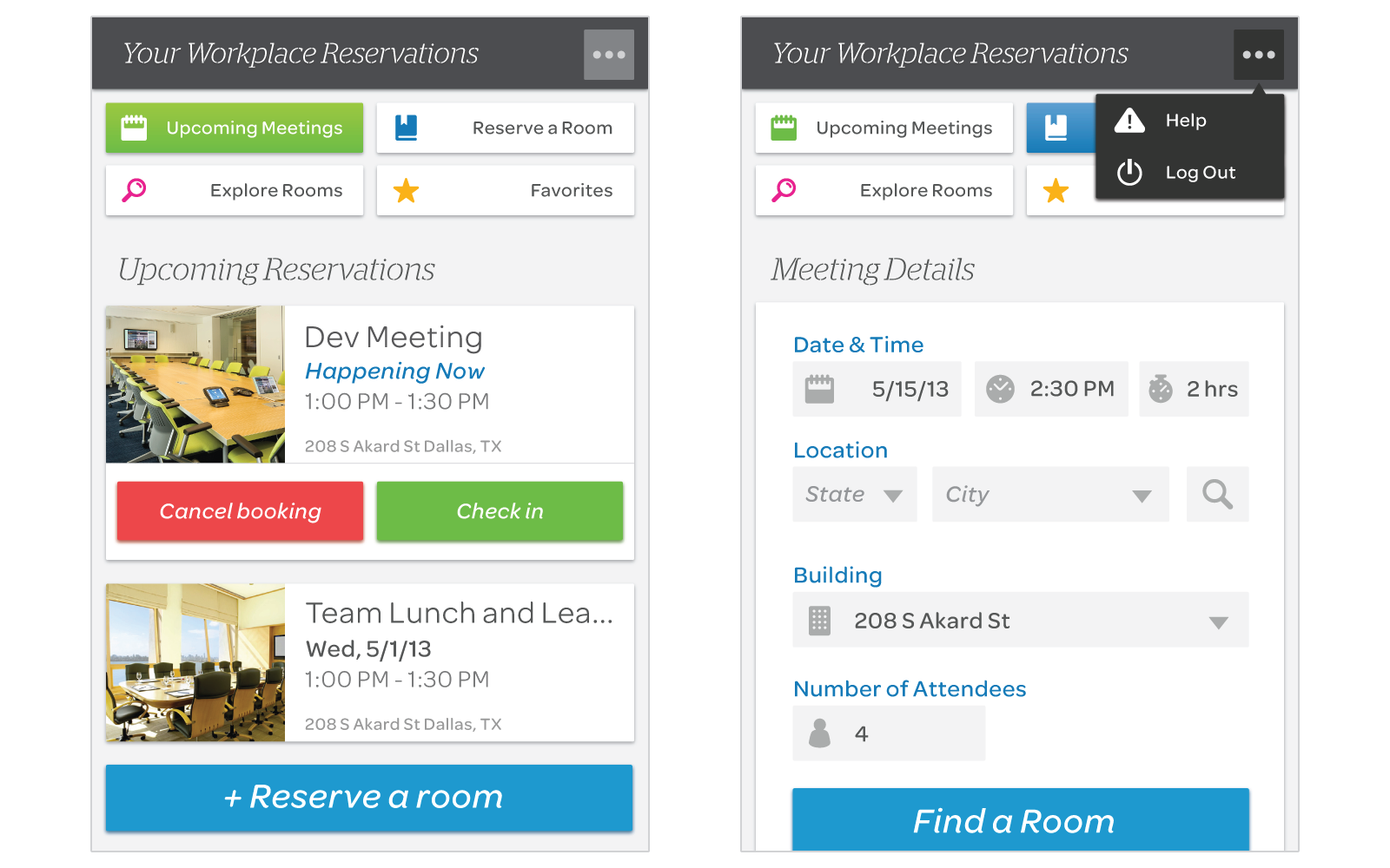 A couple of views from the Workplace Reservations UI mockup.