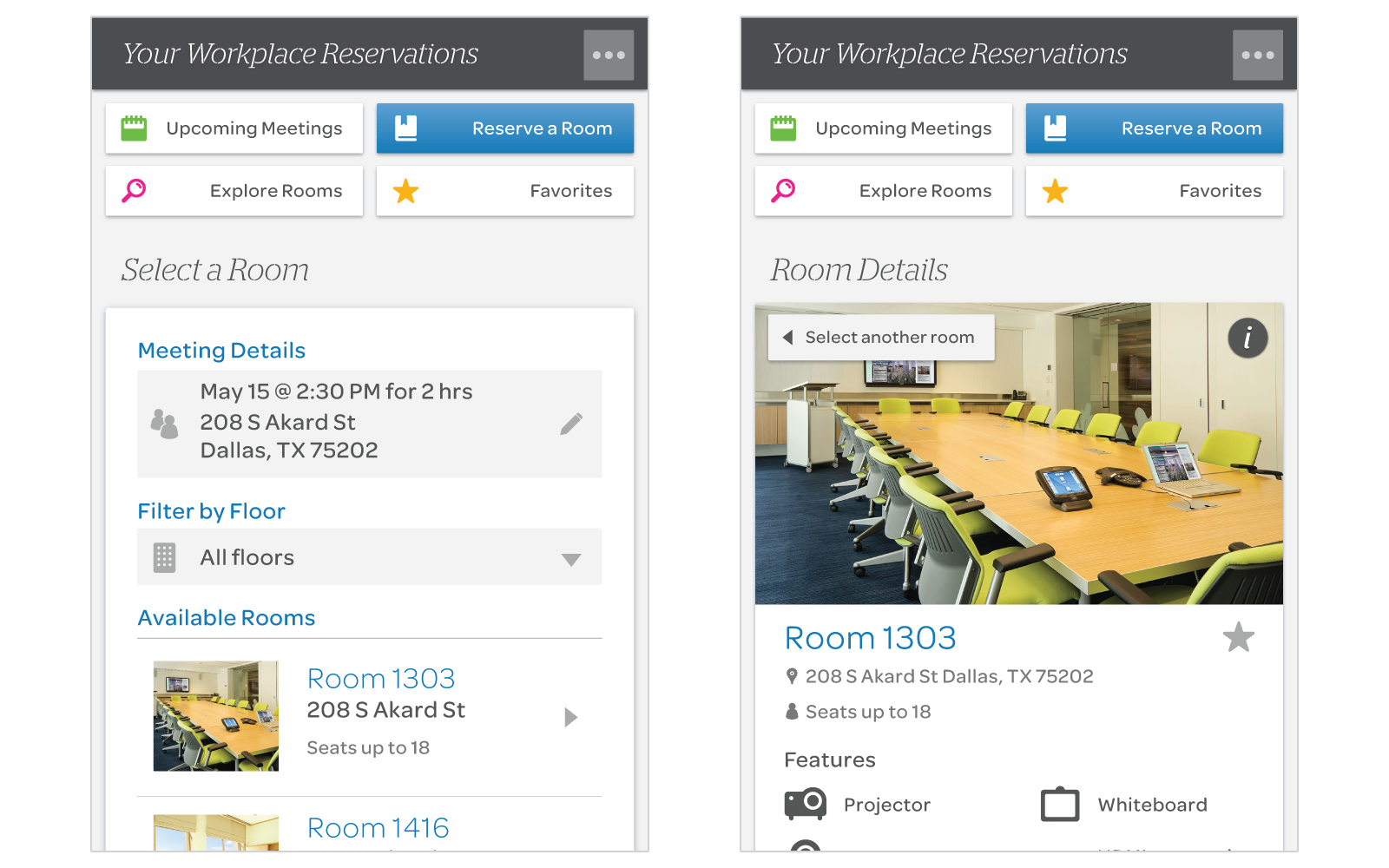 A couple of views from the Workplace Reservations UI mockup.