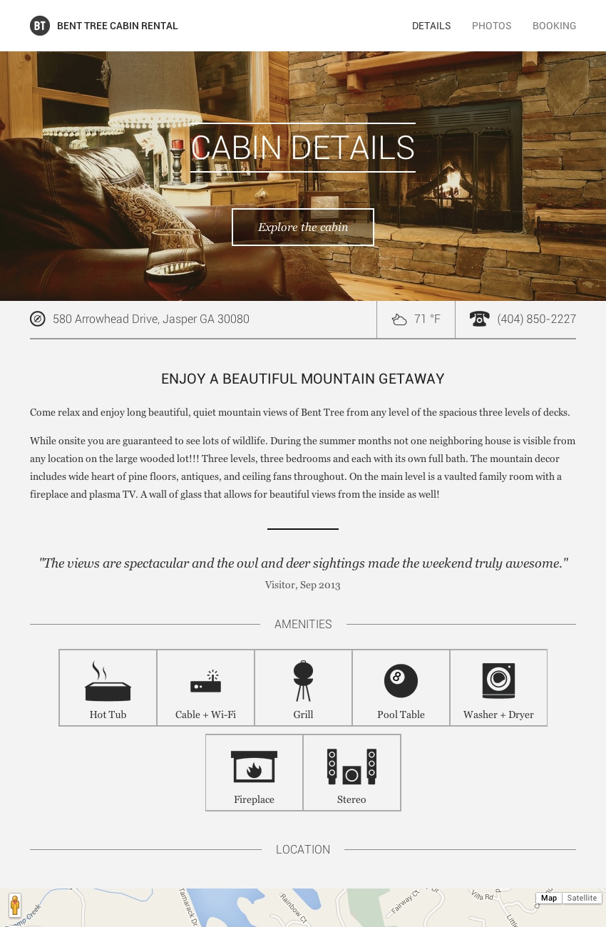 The Bent Tree Cabin Rental Details page.