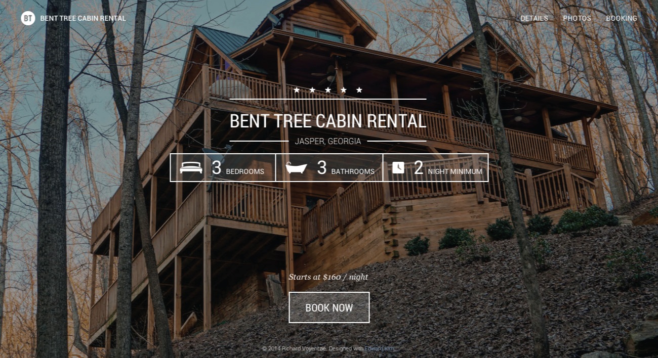 The Bent Tree Cabin Rental homepage.